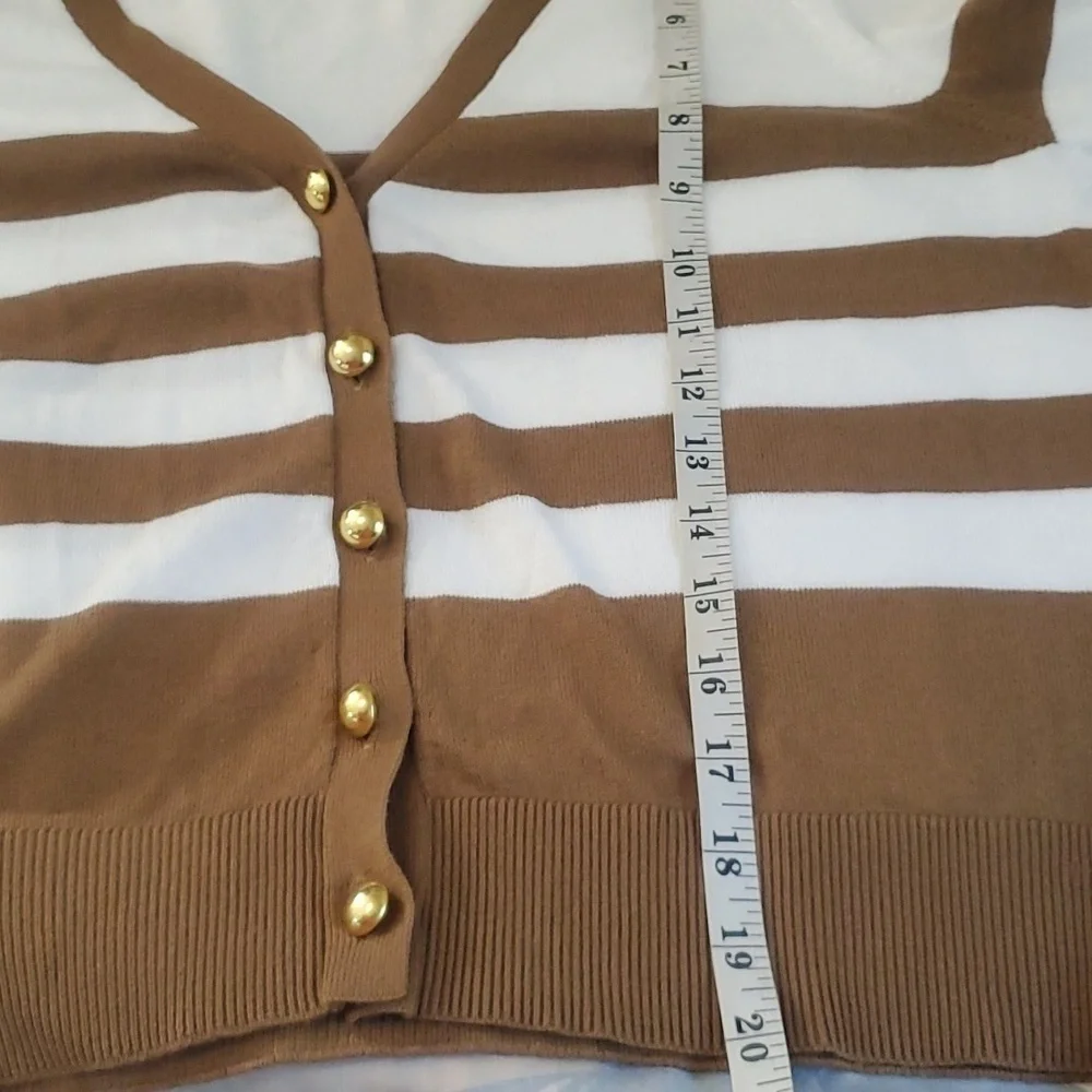 NWT Michael Kors Women's Cardigan Sweater, tan and white stripes Size L